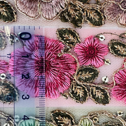 【50cm単位】 刺繍リボン 金の糸がキラリ ビビットなカラーに ドキッ 華麗なる薔薇 チュール 幅約4.2cm 240808003