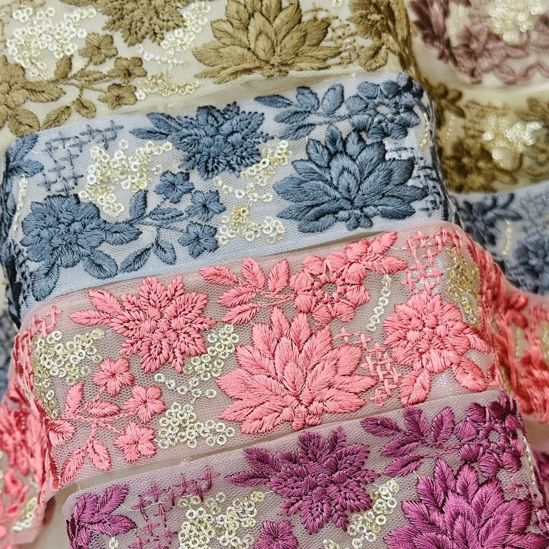 【50cm単位】刺繍リボン 大人のくすみカラー インド刺繍リボン スパンコール 幅約5.3cm 250623003