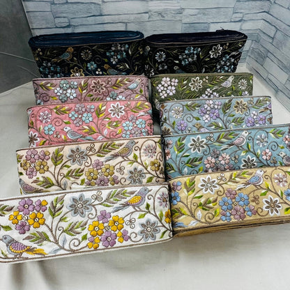 【50cm単位】 刺繍リボン 広幅 幸せを呼ぶ鳥と桜 インド刺繍リボン スパンコール 布地 幅約8cm 250907001