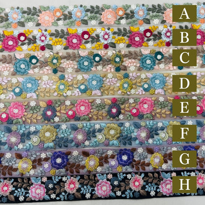 【50cm単位】 刺繍リボン 細幅 花盛りはくすみカラーとともに１ インド刺繍リボン ノンスパンコール チュール 幅約3.5cm 250907003
