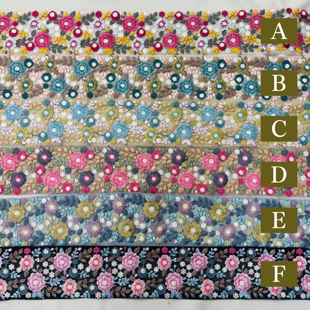 【50cm単位】 刺繍リボン 太幅 広幅 幅広 花盛りはくすみカラーとともに１ インド刺繍リボン ノンスパンコール チュール 幅約7cm 250907004