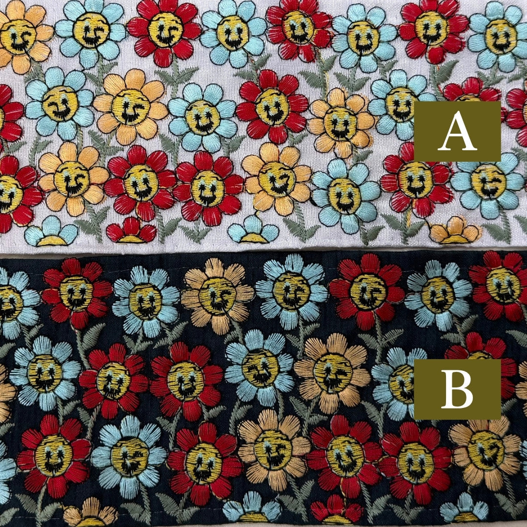 【50cm単位】刺繍リボン 広幅 幅広 太幅 インド刺繍リボン ノンスパンコール 布地 お花の笑顔に魅せられて 幅約8.9cm 251031001