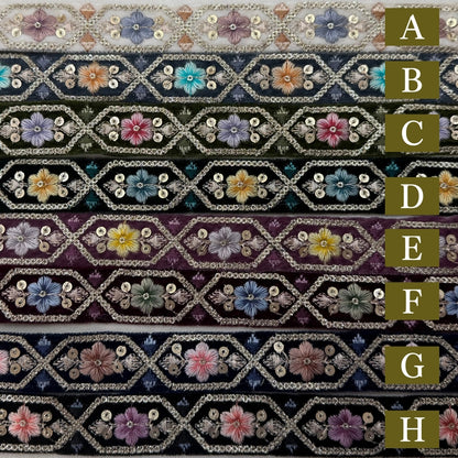 【50cm単位】刺繍リボン 細幅 インド刺繍リボン スパンコール 布地 ポーチュラカ夫人のベルベット 幅約2.7cm 251208001