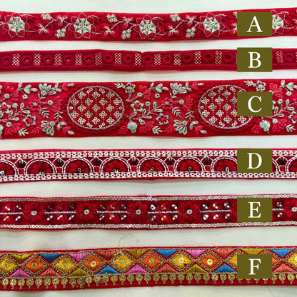 【50cm単位】刺繍リボン 細幅 インド刺繍リボン スパンコール チュール 布地 赤い刺繍リボンに恋して 幅約2cm～5cm 260206001