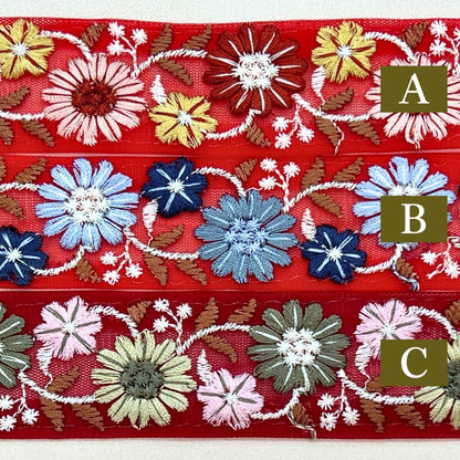 赤い花柄刺繍リボン マーガレット