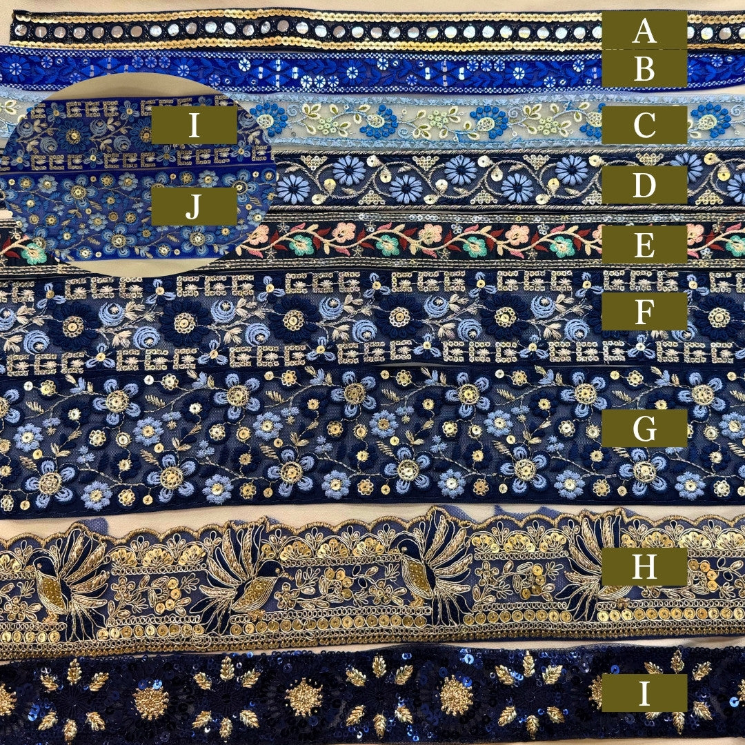 -【50cm単位】刺繍リボン 細幅 インド刺繍リボン スパンコール チュール 布地 青い刺繍リボンに恋して 幅約2.5cm～7.3cm 約25mm～73mm 260206003-心が躍る刺繍リボン屋 by船場マップ