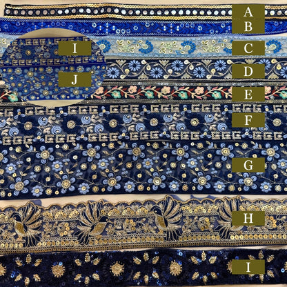 -【50cm単位】刺繍リボン 細幅 インド刺繍リボン スパンコール チュール 布地 青い刺繍リボンに恋して 幅約2.5cm～7.3cm 約25mm～73mm 260206003-心が躍る刺繍リボン屋 by船場マップ