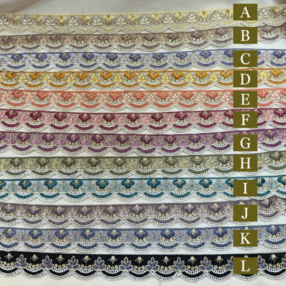 刺繍リボン-【50cm単位】刺繍リボン 細幅 インド刺繍リボン スパンコール チュール 乙女の花園スカラップ 幅約2.6cm 260413002-心が躍る刺繍リボン屋 by船場マップ