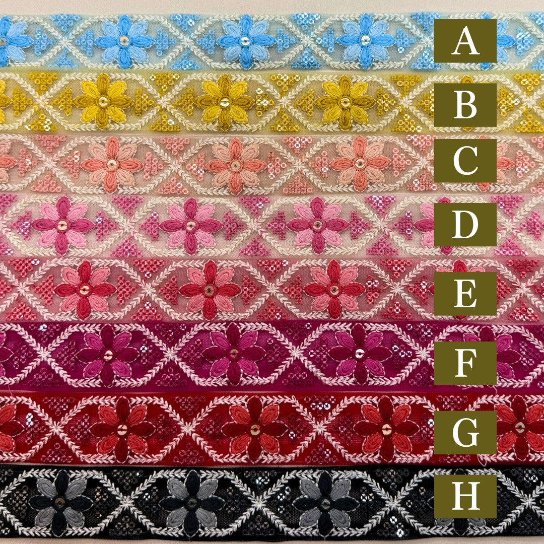 刺繍リボン-【50cm単位】刺繍リボン インド刺繍リボン 花格子レトロ刺繍リボン【ビビッドカラー】幅約3cm 260413003-心が躍る刺繍リボン屋 by船場マップ
