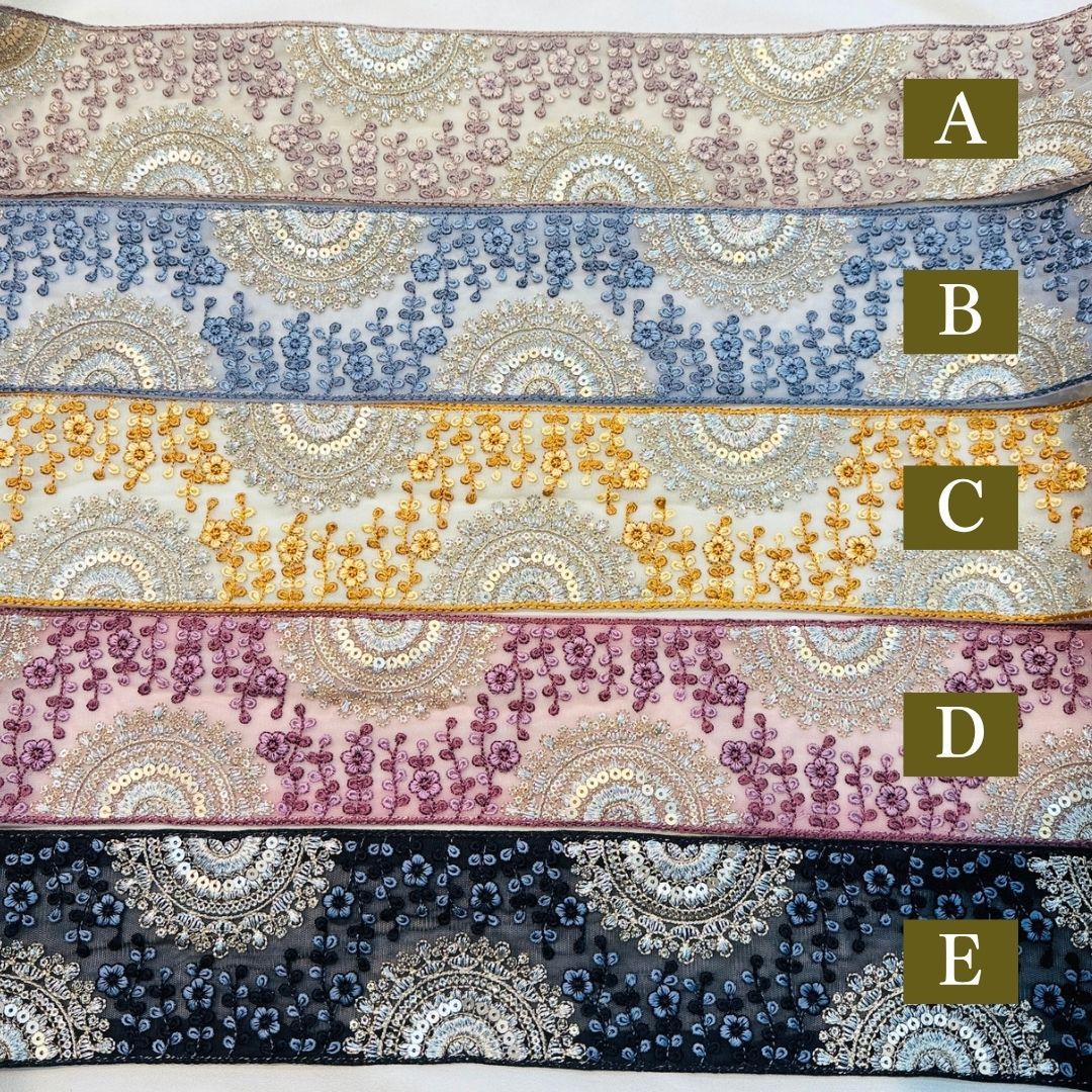【50cm単位】 刺繍リボン インド刺繍リボン 幅広 広幅 太幅 チュール スパンコール 宮廷の花園アーチ 幅約8.5cm 260711016
