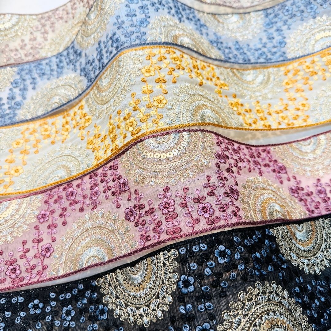 【50cm単位】 刺繍リボン インド刺繍リボン 幅広 広幅 太幅 チュール スパンコール 宮廷の花園アーチ 幅約8.5cm 260711016