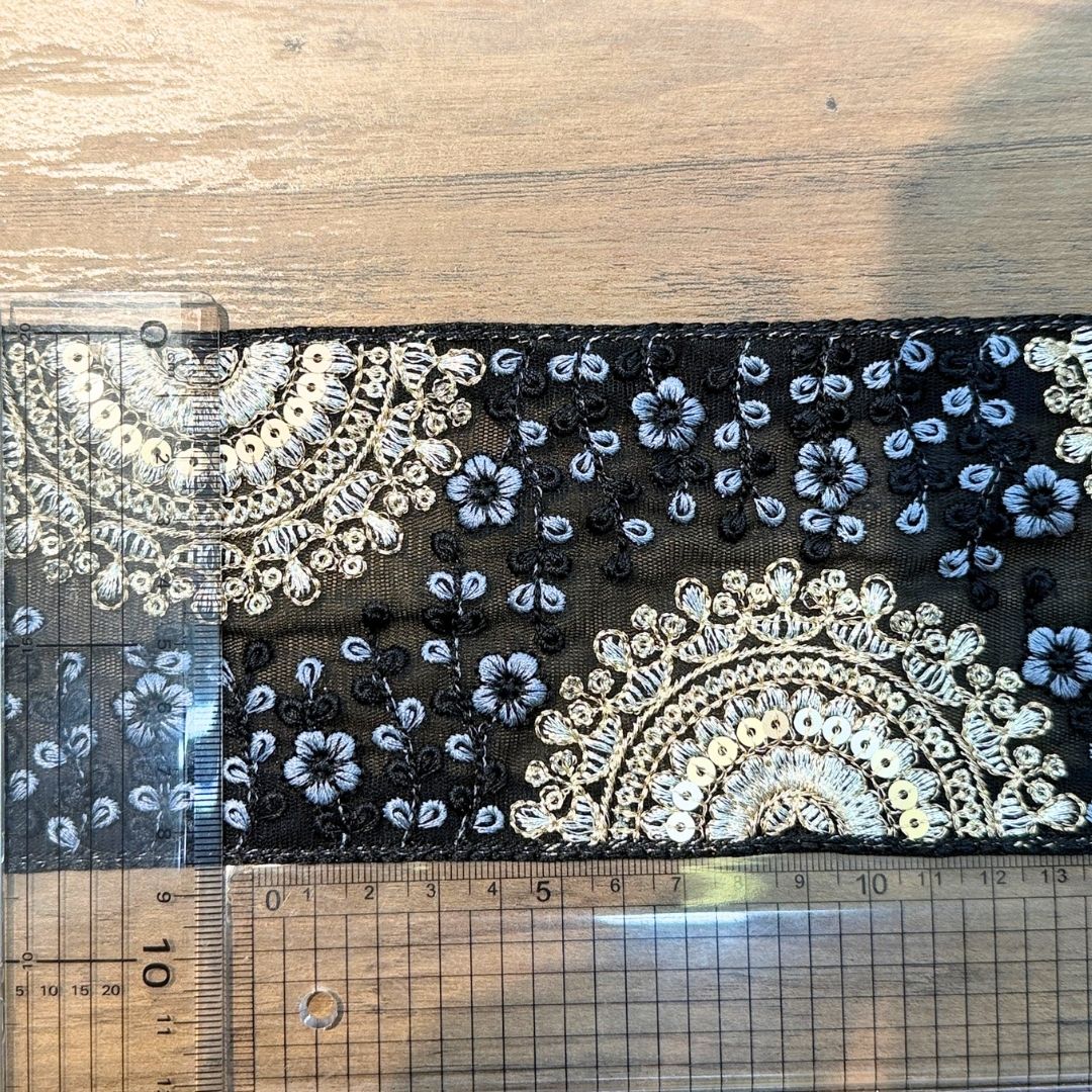 【50cm単位】 刺繍リボン インド刺繍リボン 幅広 広幅 太幅 チュール スパンコール 宮廷の花園アーチ 幅約8.5cm 260711016