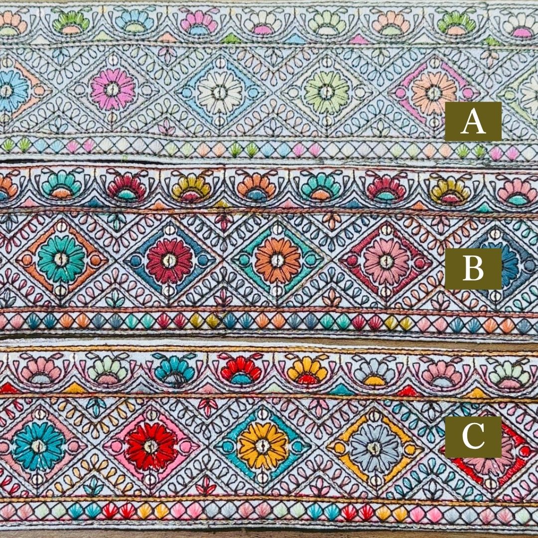 【50cm単位】 刺繍リボン インド刺繍リボン 中太幅 お花のモザイク絵 布地 約6.5cm 260711017