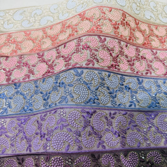 【50cm単位】 刺繍リボン インド刺繍リボン チュール  刺繍レース ペイズリーの雫  幅約6.5cm 260711018