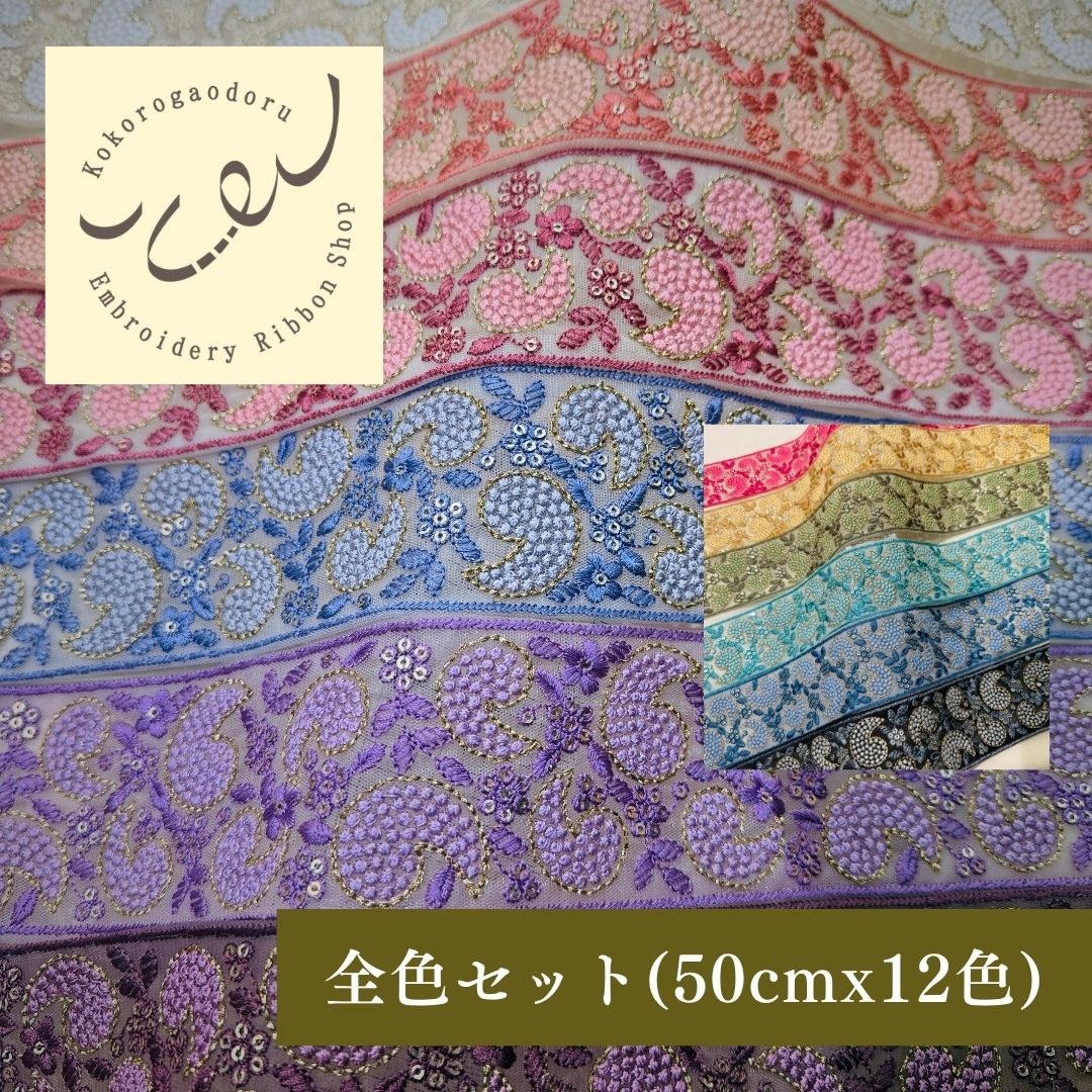 【50cm単位】 刺繍リボン インド刺繍リボン チュール  刺繍レース ペイズリーの雫  幅約6.5cm 260711018