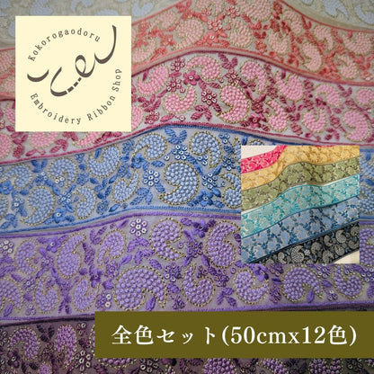 【50cm単位】 刺繍リボン インド刺繍リボン チュール  刺繍レース ペイズリーの雫  幅約6.5cm 260711018