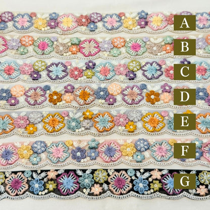 【50cm単位】 刺繍リボン インド刺繍リボン チュール スパンコール パステルカラーのお花畑 スカラップ 細幅 幅約3.5cm 260718012