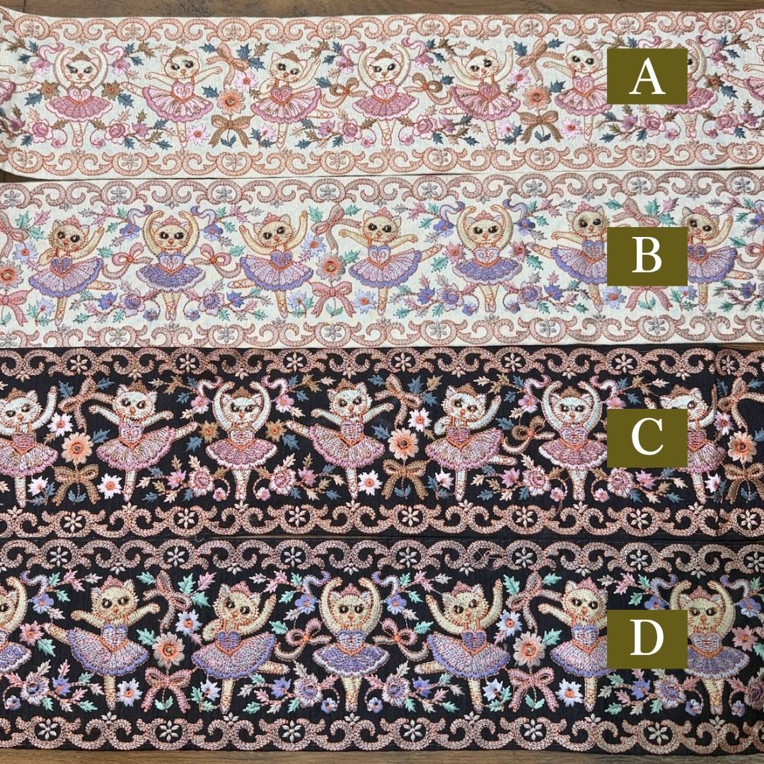 【50cm単位】刺繍リボン インド刺繍リボン 猫柄 ノンスパンコール 心が躍るバレエコレクション Vol.1 眠れる森の猫のバレリーナ 幅約11cm 260921001