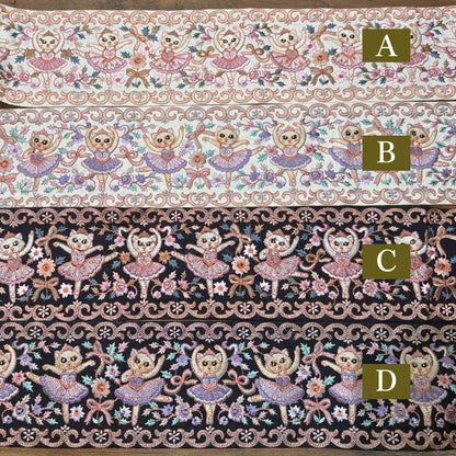 【50cm単位】刺繍リボン インド刺繍リボン 猫柄 ノンスパンコール 心が躍るバレエコレクション Vol.1 眠れる森の猫のバレリーナ 幅約11cm 260921001