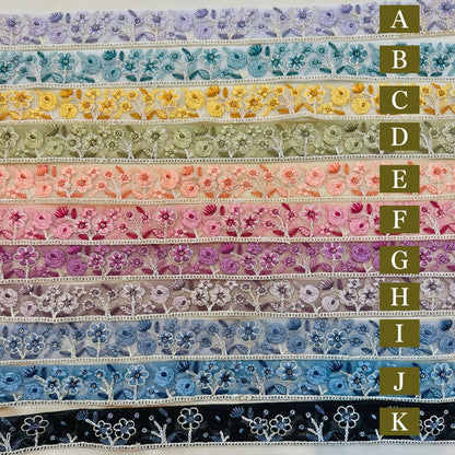 【50cm単位】 刺繍リボン お花のスケッチ画 スパンコール チュール 細幅 約3.4cm 約30mm～40mm 261015011