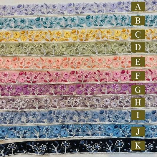 【50cm単位】 刺繍リボン お花のスケッチ画 スパンコール チュール 細幅 約3.4cm 約30mm～40mm 261015011