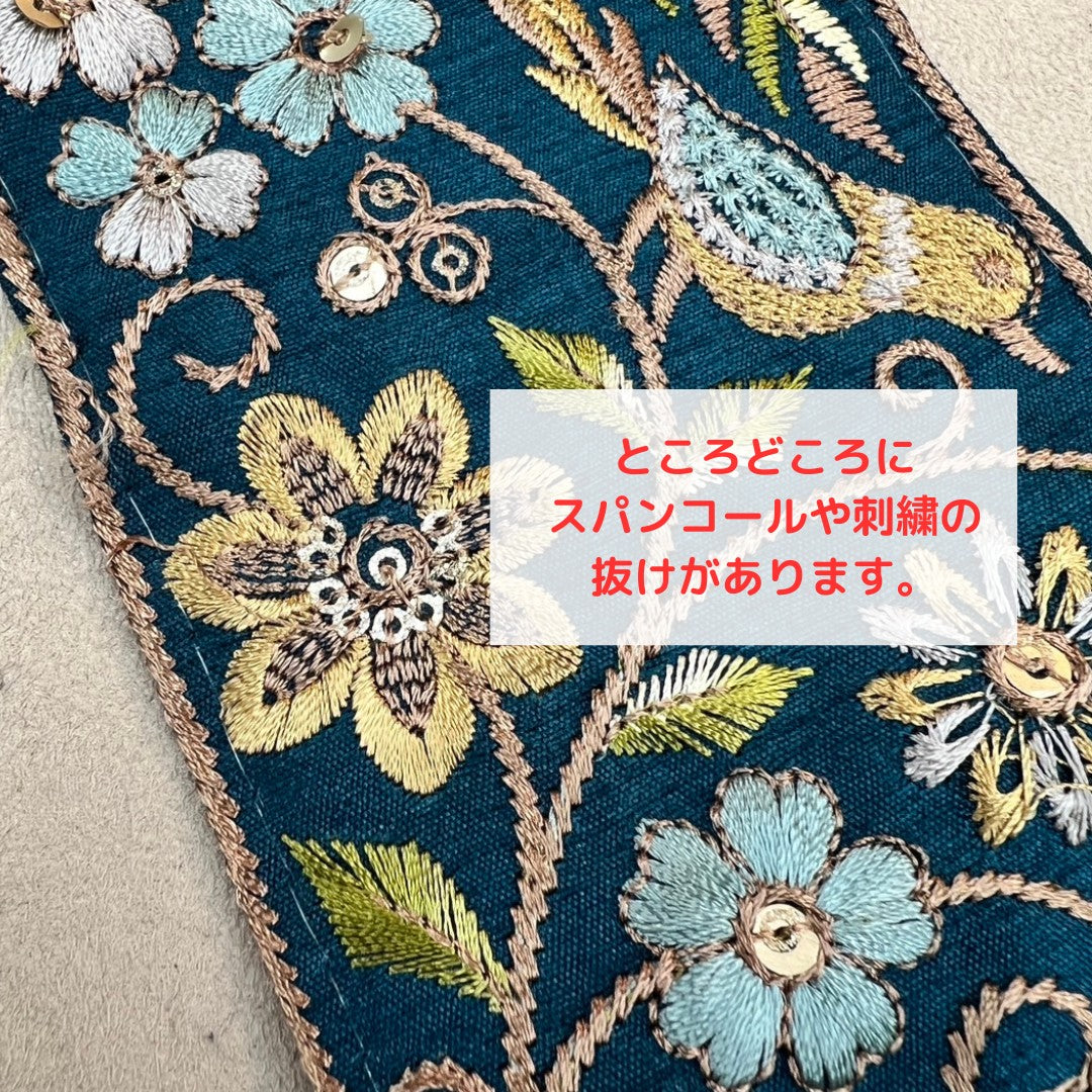 【50cm単位】 刺繍リボン 広幅 幸せを呼ぶ鳥と桜 インド刺繍リボン スパンコール 布地 幅約8cm 250907001