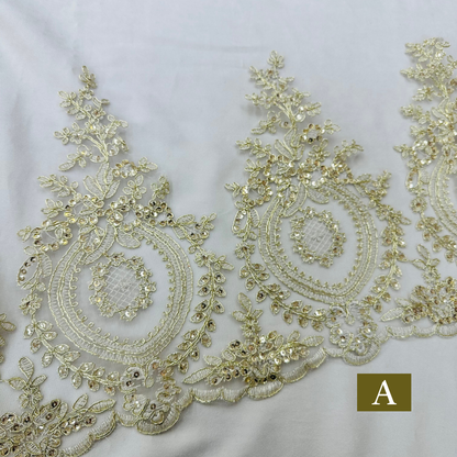 【50cm単位】 刺繍レース 白い刺繍にゴールドの縁取り 舞台に魅せられて サイズ約28.5cm SLT2508001