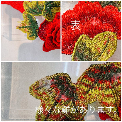 【1枚単位】ビビットカラー 情熱の赤 薔薇のネックレス 刺繍モチーフ  サイズ約33cm×約33.5cm SMT2412011