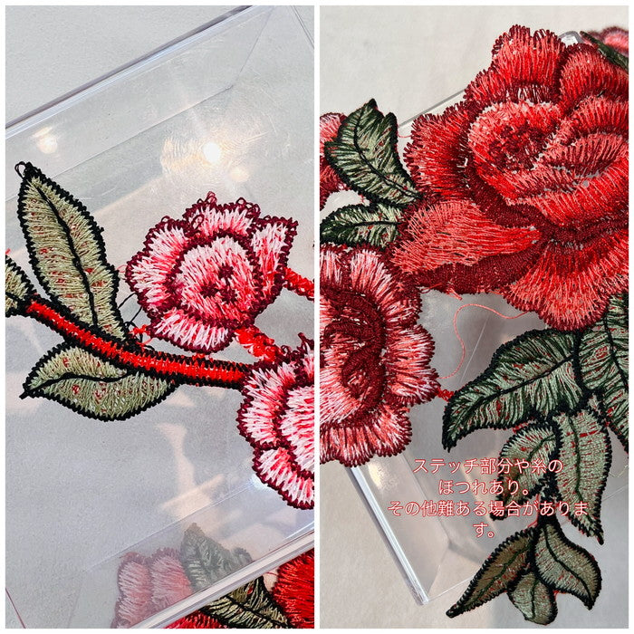 【1ペアセット単位】 刺繍モチーフ 左右対称1ペアセット 対で華やかさアップ 満開の 薔薇の 枝葉 サイズ約19cm×約25cm SMT2412002