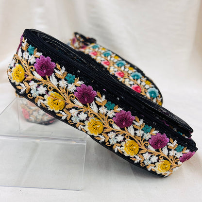 【50cm単位】 刺繍リボン ノンスパンコール  真夜中の約束 咲き乱れる花たち チュール 幅約5cm 23040626002