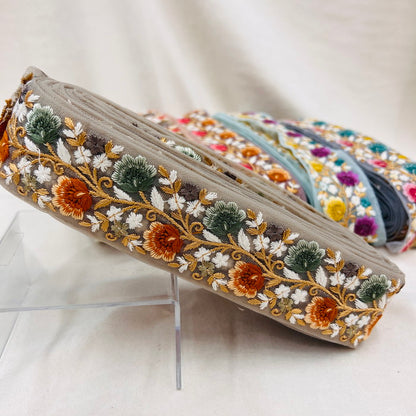 【50cm単位】 刺繍リボン ノンスパンコール  夜明けの約束 咲き乱れる花たち チュール 幅約5cm 23040626003