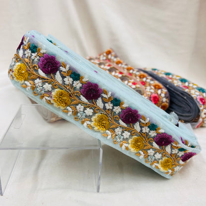 【50cm単位】 刺繍リボン ノンスパンコール  夜明けの約束 咲き乱れる花たち チュール 幅約5cm 23040626003